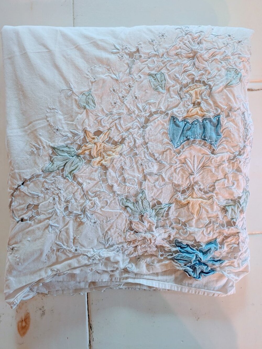 VTG White Eyelet Lace Scalloped Flat Sheet Full Double Bed Floral Cottagecore